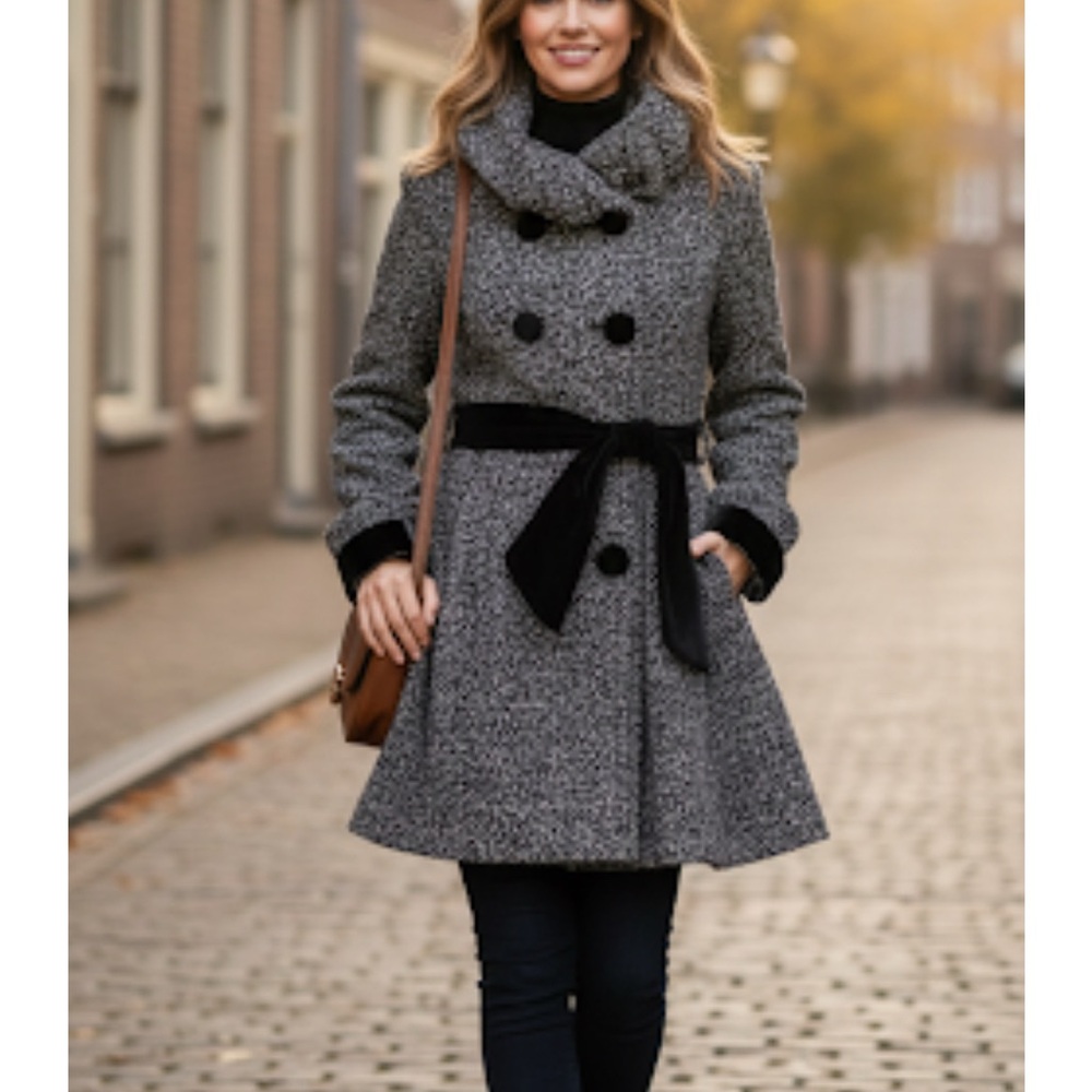 Laundry by design wool gray skirted pea coat with black‎ tie belt at waist